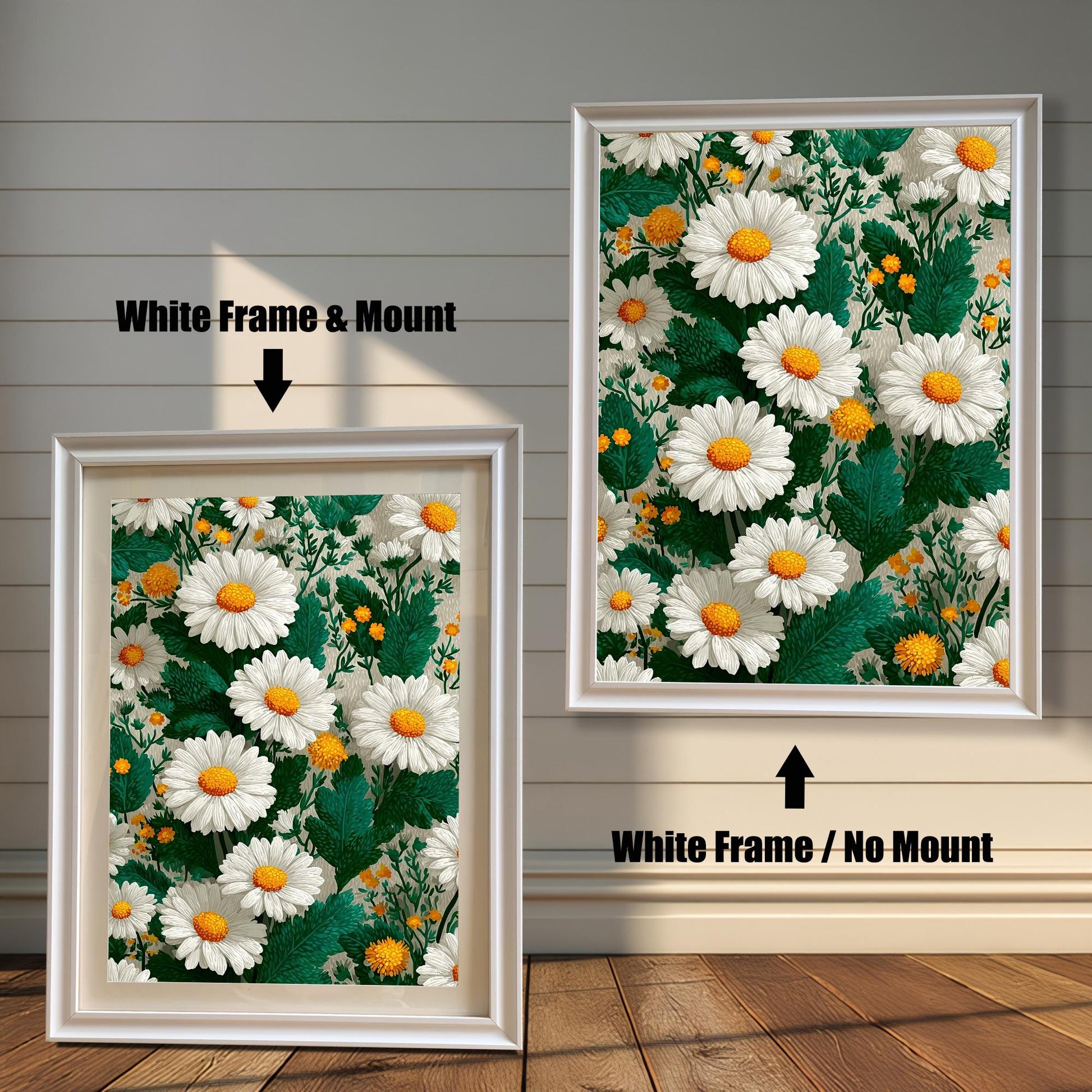 Comparison image of the art print with a white wood frame. The left shows the print with a "White Frame & Mount" (mat board), and the right shows it with a "White Frame / No Mount."