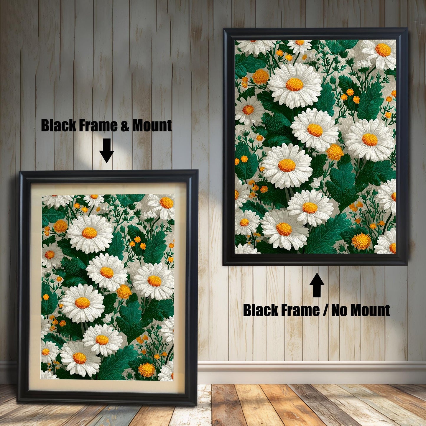Comparison image of the art print with a black wood frame. The left shows the print with a "Black Frame & Mount" (mat board), and the right shows it with a "Black Frame / No Mount."