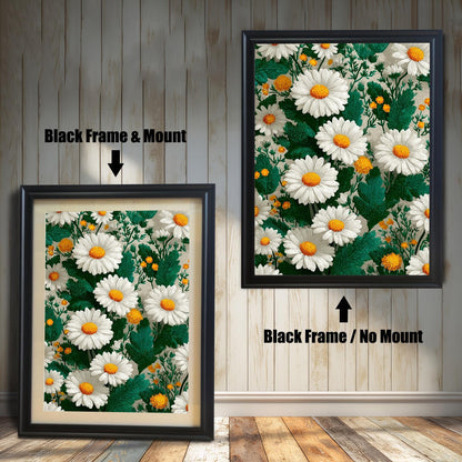 Comparison image of the art print with a black wood frame. The left shows the print with a "Black Frame & Mount" (mat board), and the right shows it with a "Black Frame / No Mount."