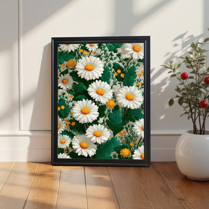 Framed daisy art print with a black wood frame leaning on a light wooden floor against a white wainscoted wall, next to a white vase with a plant.