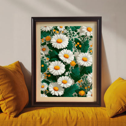 Framed daisy art print with a coffee brown wood frame resting on a bright yellow couch between two yellow pillows. The print shows a lush, vibrant pattern of white daisies and green leaves.
