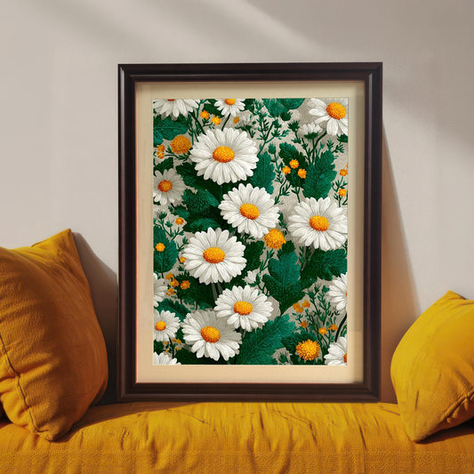 Framed daisy art print with a coffee brown wood frame resting on a bright yellow couch between two yellow pillows. The print shows a lush, vibrant pattern of white daisies and green leaves.