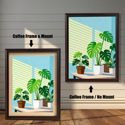 Two framed versions of the 'Monstera Plants' print against a white wooden wall. On the left is the Coffee Frame with a light mount/matting. On the right is the Coffee Frame without a mount.