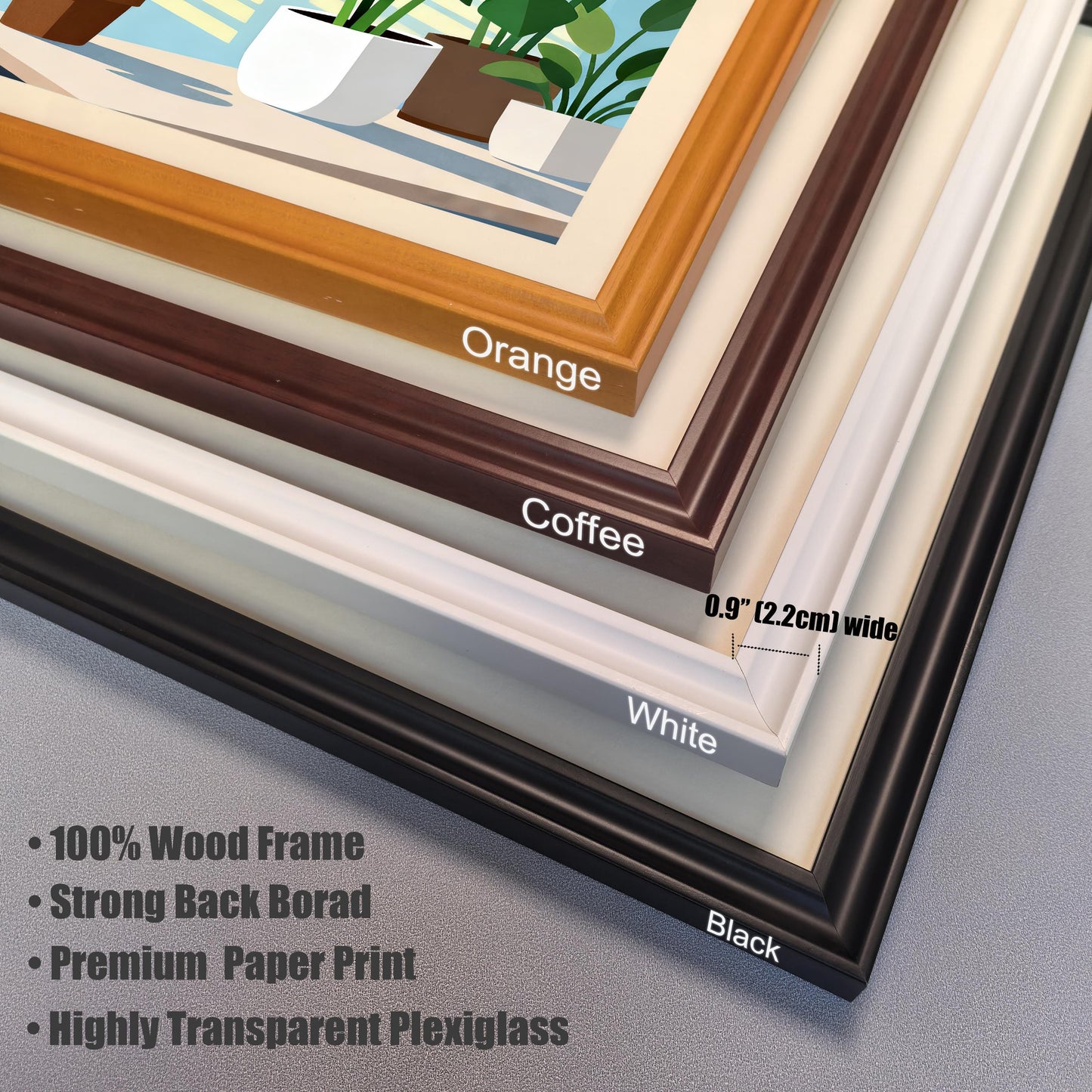 Corner-close-up photo showing a stack of four frame color options: Orange, Coffee (dark brown), White (off-white), and Black. Text highlights frame details: 0.9" (2.2cm) wide, 100% Wood Frame, Strong Back Board, Premium Paper Print, and Highly Transparent Plexiglass.
