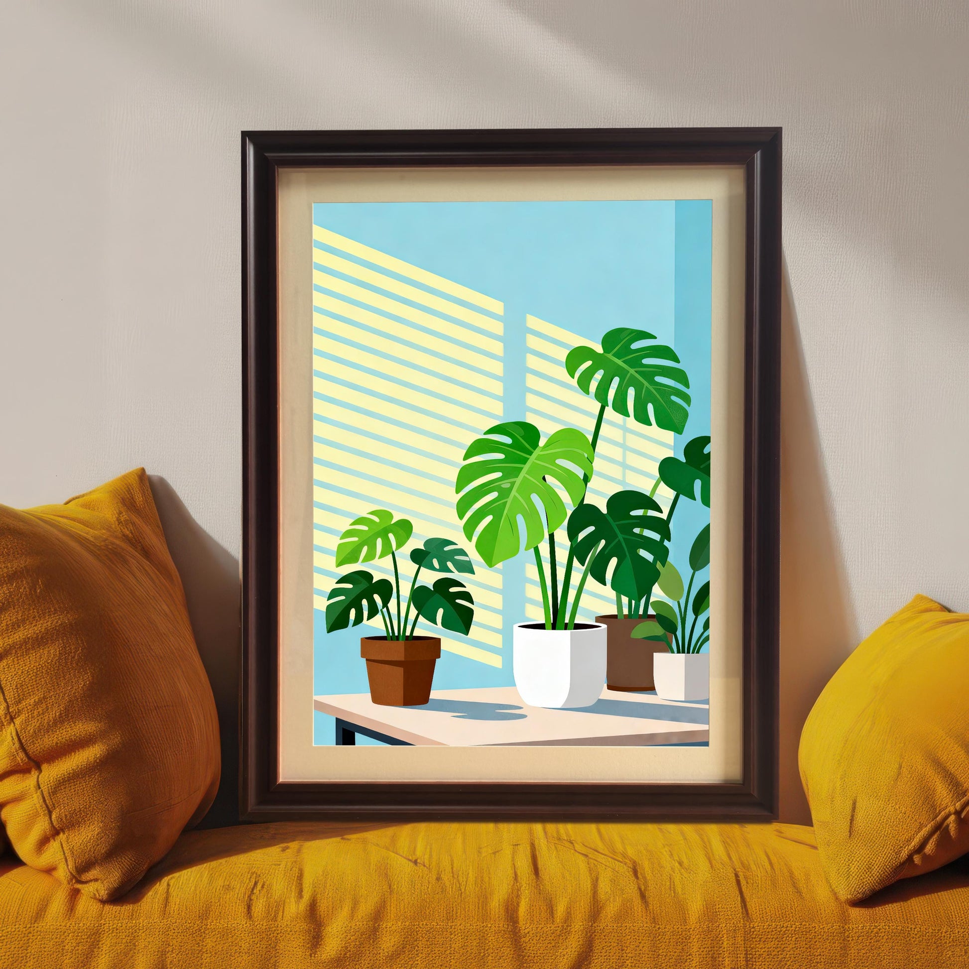 Close-up view of the framed 'Monstera Plants' art print. The print is in a dark brown/black wood frame and rests on a yellow cushion, featuring bright green Monstera plants in pots against a blue wall with venetian blind shadows.