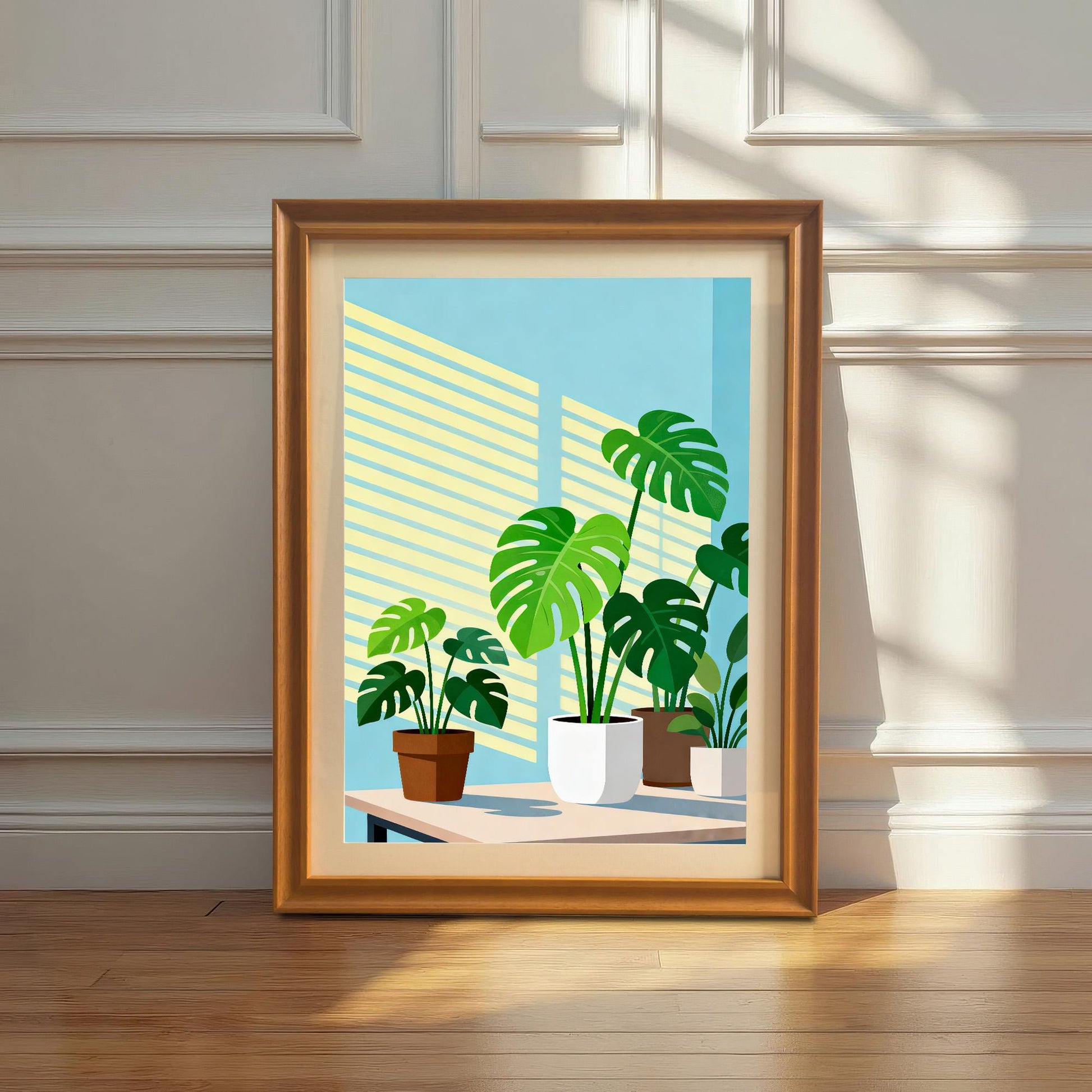 A single framed 'Monstera Plants' art print in an Orange Frame leaning on a light wooden floor against a white paneled wall, illuminated by bright sunlight and shadows.