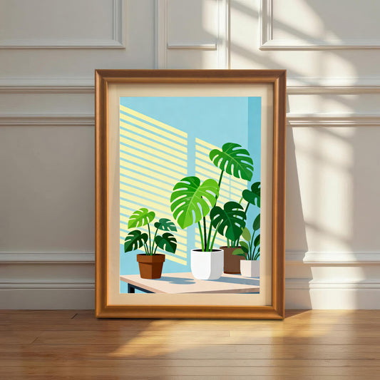 A single framed 'Monstera Plants' art print in an Orange Frame leaning on a light wooden floor against a white paneled wall, illuminated by bright sunlight and shadows.