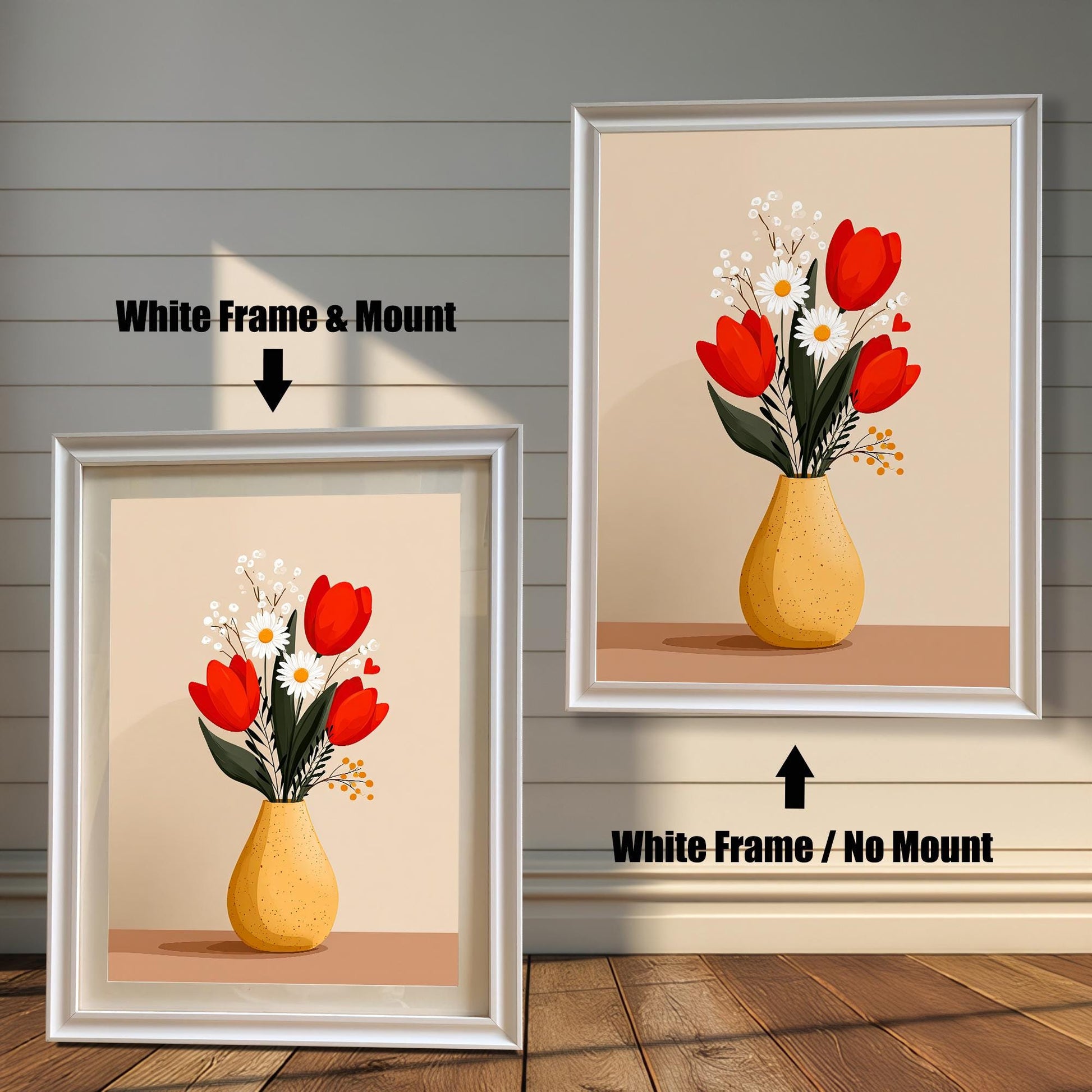 Two framed versions of the 'Tulips and Daisies' print against a wooden wall. On the left is the White Frame with a light mount/matting. On the right is the White Frame without a mount.