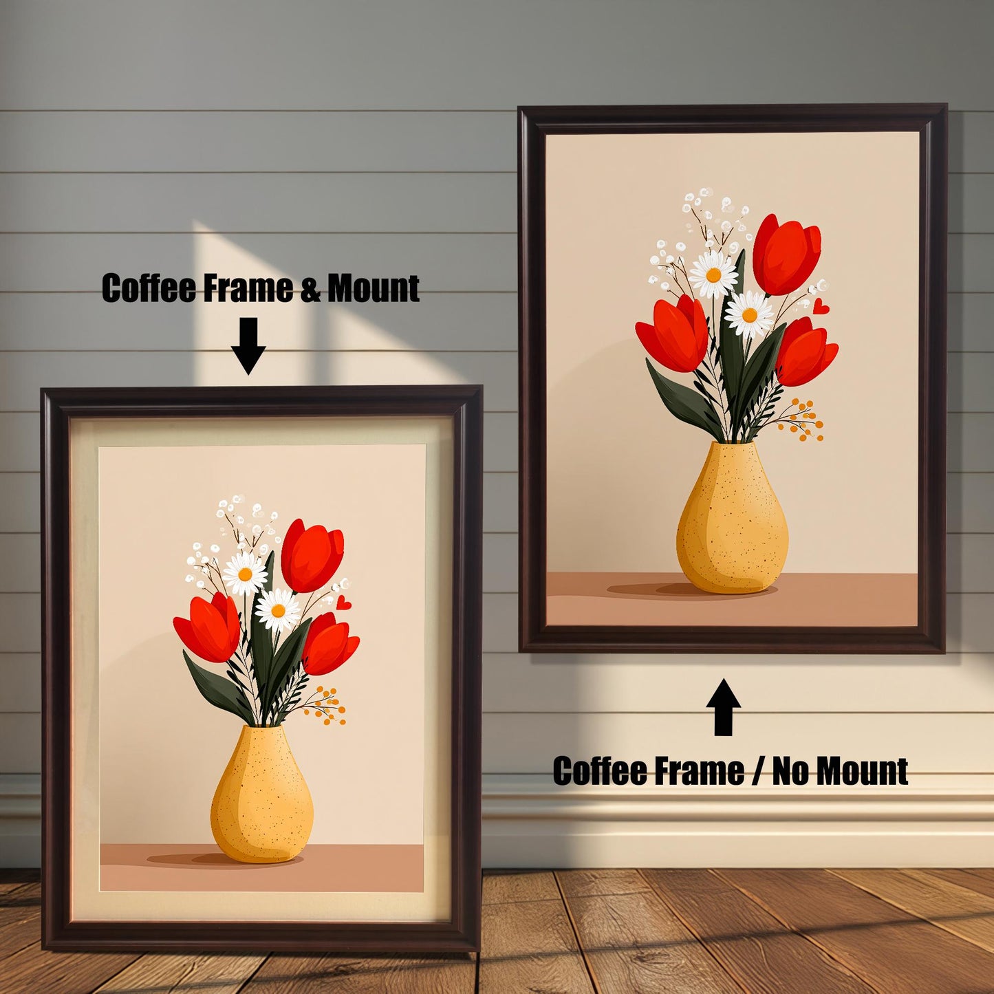 Two framed versions of the 'Tulips and Daisies' print against a white wooden wall. On the left is the Coffee Frame with a light mount/matting. On the right is the Coffee Frame without a mount.