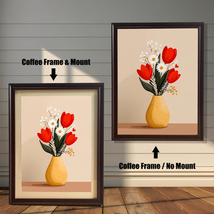 Two framed versions of the 'Tulips and Daisies' print against a white wooden wall. On the left is the Coffee Frame with a light mount/matting. On the right is the Coffee Frame without a mount.