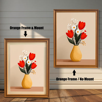 Two framed versions of the 'Tulips and Daisies' print against a white wooden wall. On the left is the Orange Frame with a light mount/matting. On the right is the Orange Frame without a mount.