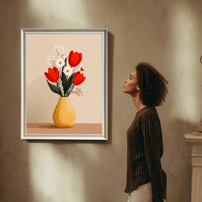 A woman with curly hair is standing and looking up at the framed 'Tulips and Daisies in a Yellow Vase' art print, which is hanging on a textured beige wall. The art is displayed in a thin White/Silver Frame with a mount.