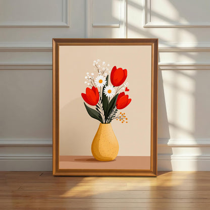 A single framed 'Tulips and Daisies' art print in an Orange Frame leaning on a light wooden floor against a white paneled wall. Sunlight casts a strong shadow on the frame.