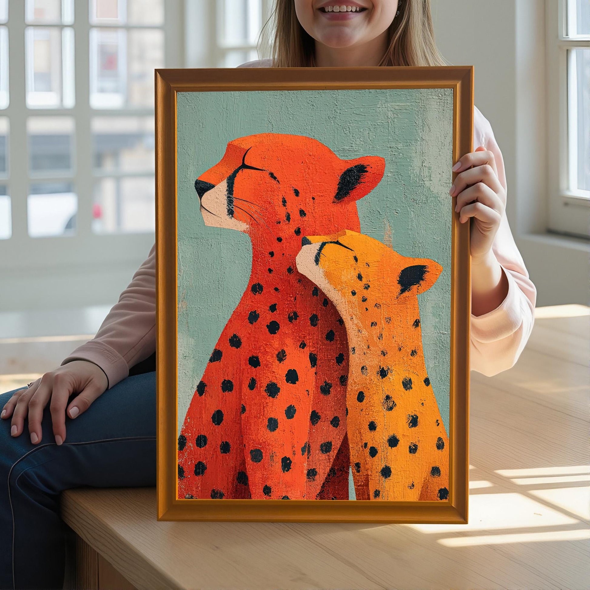 A woman holding the framed 'Cheetah Love' art print in an Orange Frame. The art features a stylized mother cheetah in red-orange and a cub in yellow-orange, both spotted, on a teal background.