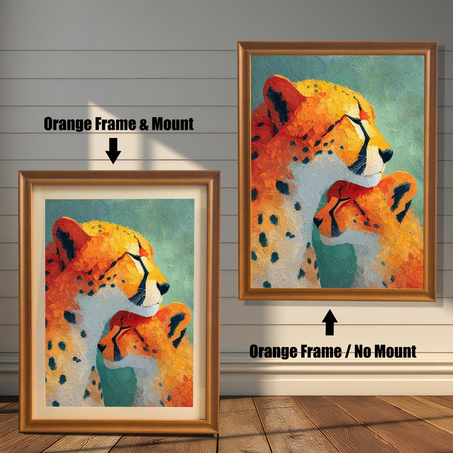 Close-up view of a framed art print featuring an impressionistic painting of a cheetah and a cub. The image shows two frame options: an Orange (light brown/golden) colored wood frame with a mount (matting) and an Orange wood frame with no mount around the print.