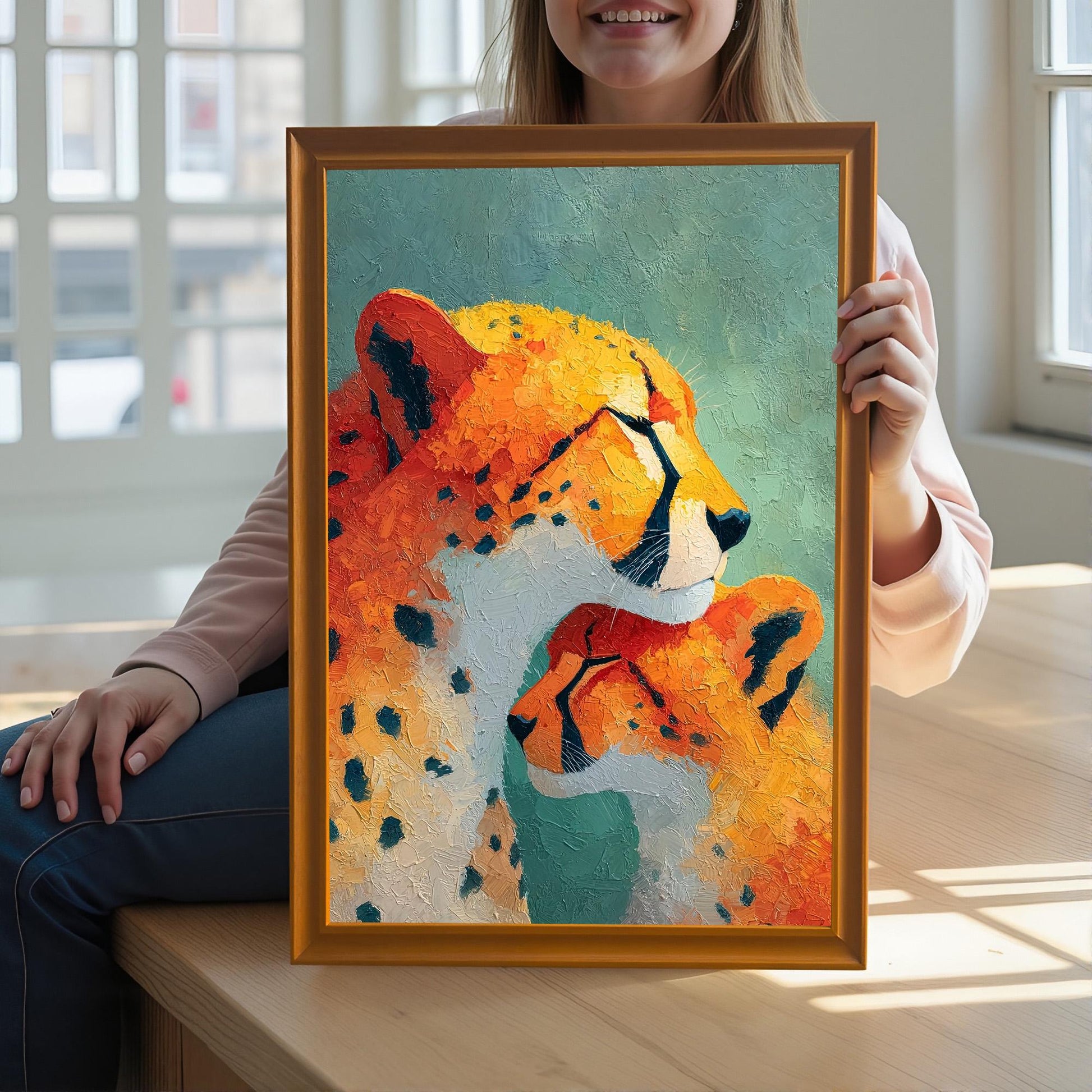 A lifestyle image of a young person sitting on a wooden bench and holding the framed cheetah and cub artwork with an Orange wood frame near a large window, showing the art scale and color in natural light.
