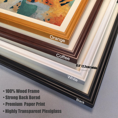 Detail photo showing the four available wood frame colors in a stack of corner samples: Orange, Coffee, White, and Black. The image also notes the frame width (0.9" / 2.2cm) and lists key features: 100% Wood Frame, Strong Back Board, Premium Paper Print, and Highly Transparent Plexiglass.