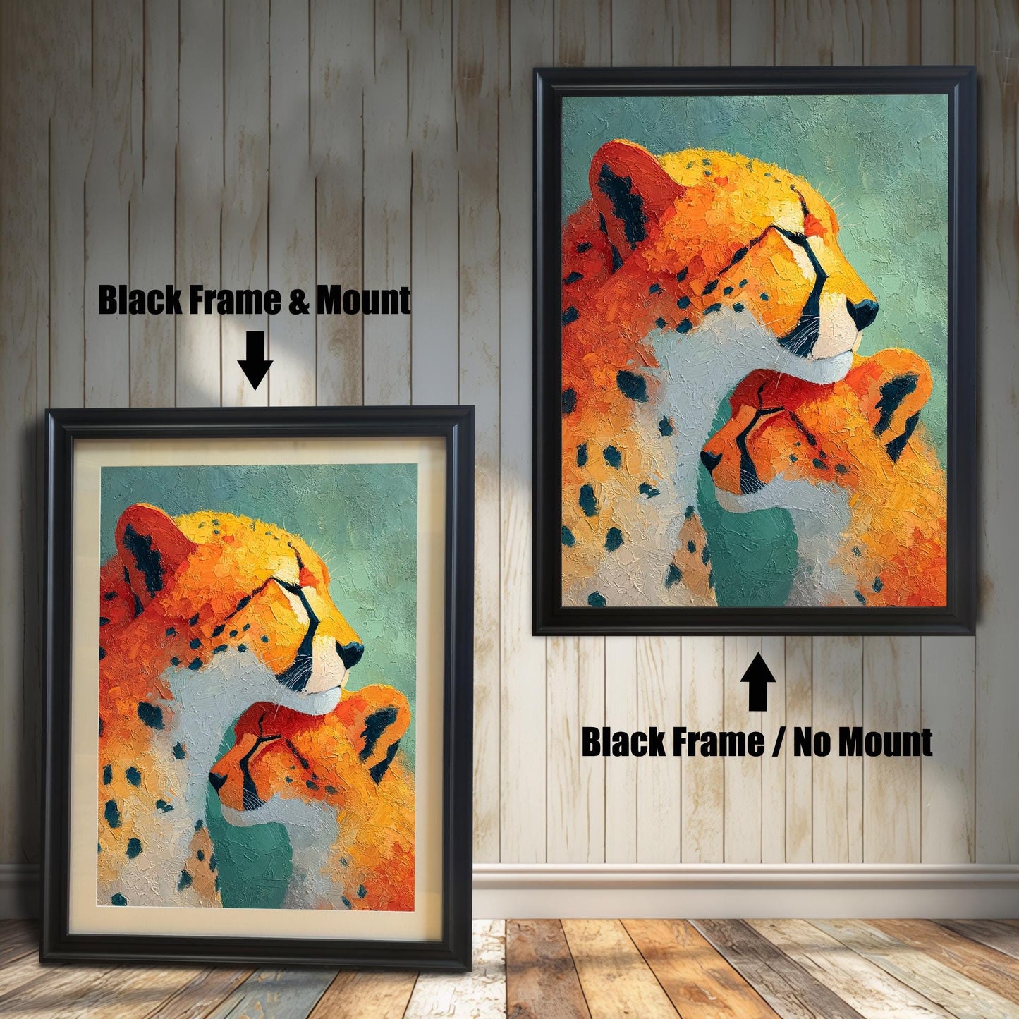 Close-up view of a framed art print featuring an impressionistic painting of a cheetah and a cub. The image shows two frame options: a Black wood frame with a mount (matting) and a Black wood frame with no mount around the print.