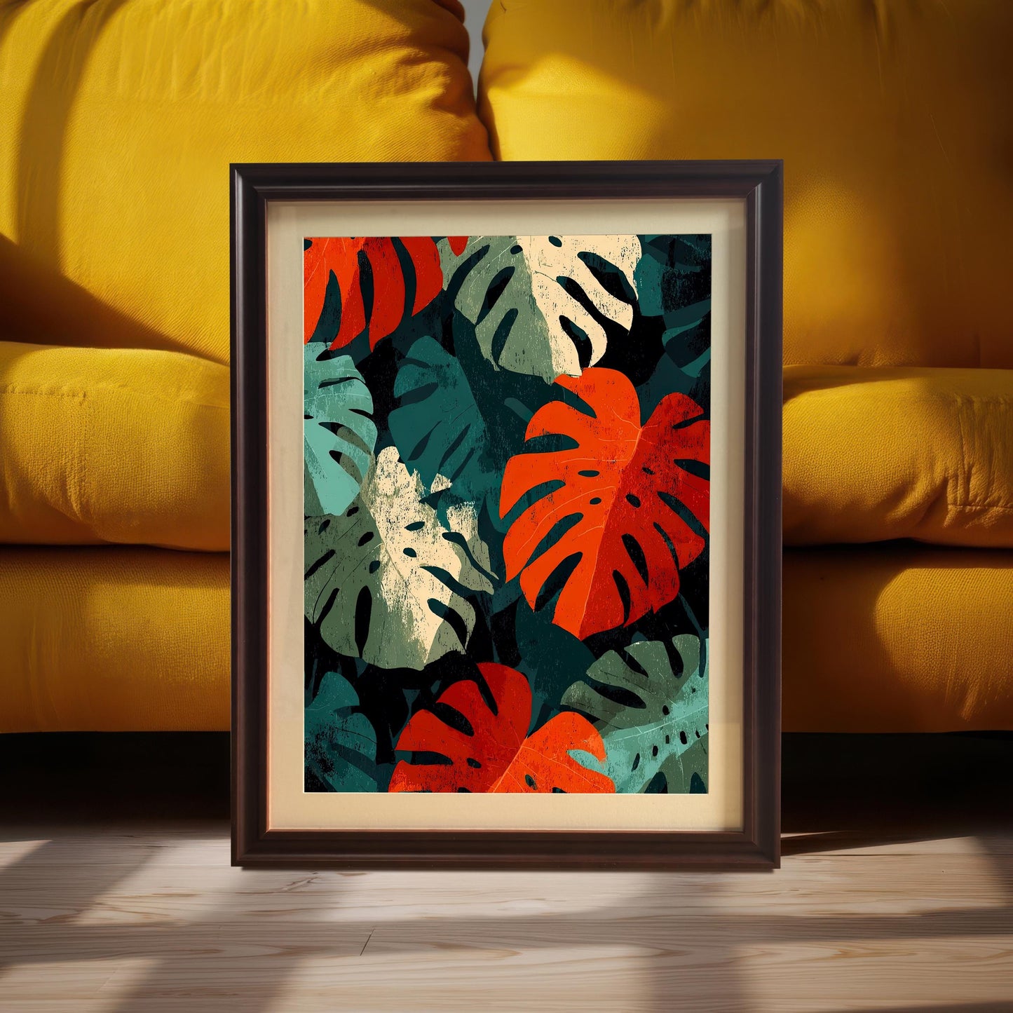 A framed art print of the bold, colorful Monstera leaf artwork with a Coffee (dark brown) wood frame and a light-colored mount (matting), leaning on a light wood floor against a bright yellow couch. This is a lifestyle shot emphasizing color contrast and modern decor.