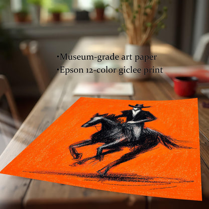 A high-quality print of the black and orange cowboy and horse artwork resting on a wooden table, emphasizing the print quality. Text overlays read: "Museum-grade art paper" and "Epson 12-color giclee print," highlighting the premium materials used.