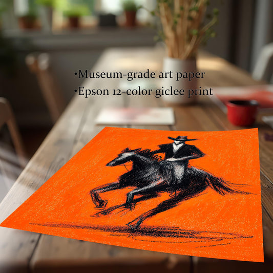 A high-quality print of the black and orange cowboy and horse artwork resting on a wooden table, emphasizing the print quality. Text overlays read: "Museum-grade art paper" and "Epson 12-color giclee print," highlighting the premium materials used.