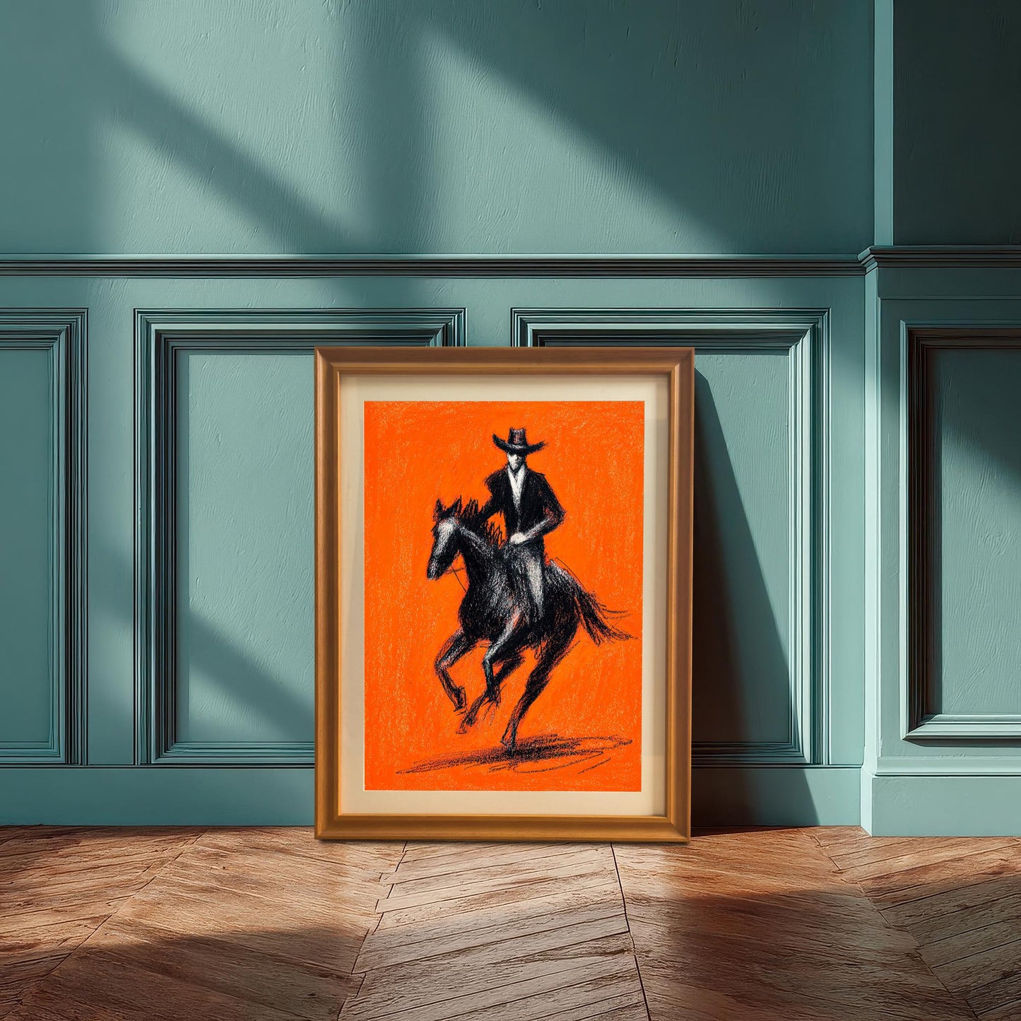 A framed art print of the black and orange cowboy artwork with an Orange (light brown) wood frame leaning on the floor against a decorative teal-colored wall. This is a lifestyle shot demonstrating the bold, contrast-rich decor appeal.