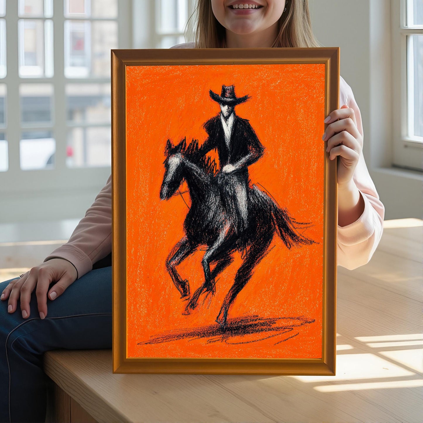 A lifestyle image of a young person sitting on a wooden bench and holding the framed black and orange cowboy artwork with an Orange wood frame near a large window, showing the art scale and vibrant color in natural light.
