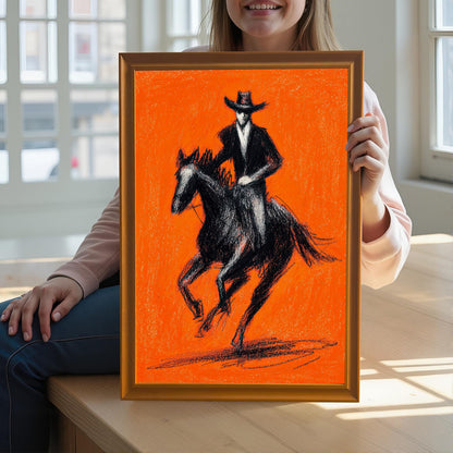 A lifestyle image of a young person sitting on a wooden bench and holding the framed black and orange cowboy artwork with an Orange wood frame near a large window, showing the art scale and vibrant color in natural light.
