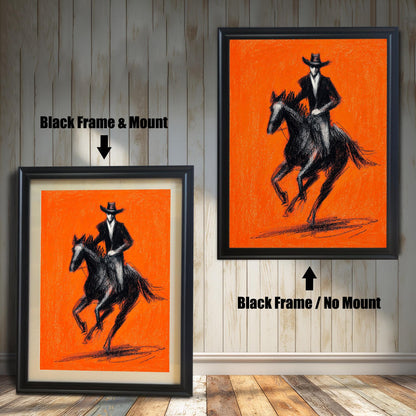 Close-up view of a framed art print featuring a striking black charcoal sketch of a cowboy riding a horse against a bright orange background. The image shows two frame options: a Black wood frame with a mount (matting) and a Black wood frame with no mount around the print.