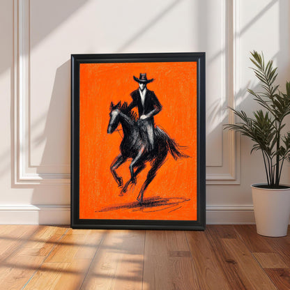 Lifestyle shot of the black and orange cowboy and horse art print with a Black wood frame, leaning on a light-colored wood floor against a white paneled wall. Sunlight casts a strong shadow across the floor. A tall, leafy potted plant sits to the right of the artwork.