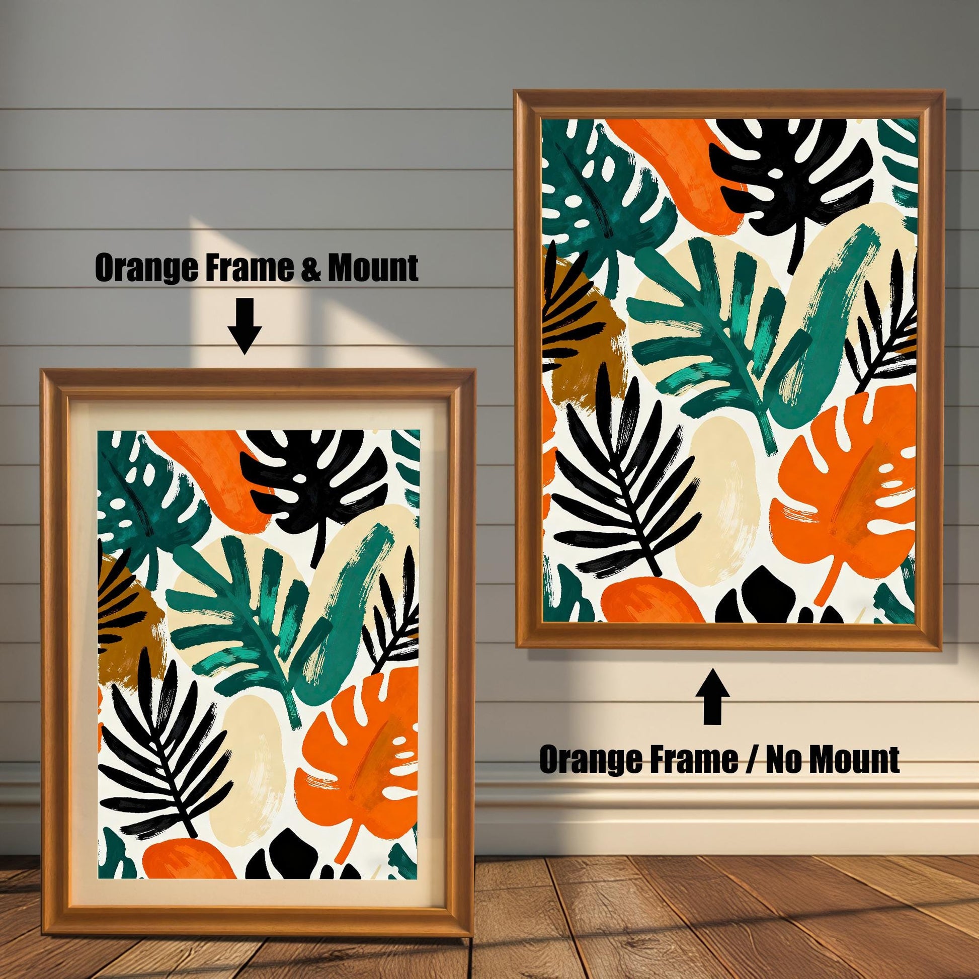 Comparison image of the art print in an Orange Frame with and without a Mount (matting). The left image shows the print with a mount, and the right shows it without. Both frames are a warm, light brown/orange wood tone.