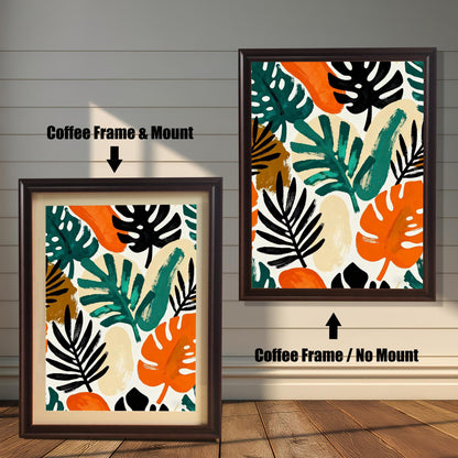 Comparison image of the art print in a Coffee Frame (dark brown) with and without a Mount (matting). The left image shows the print with a mount, and the right shows it without.