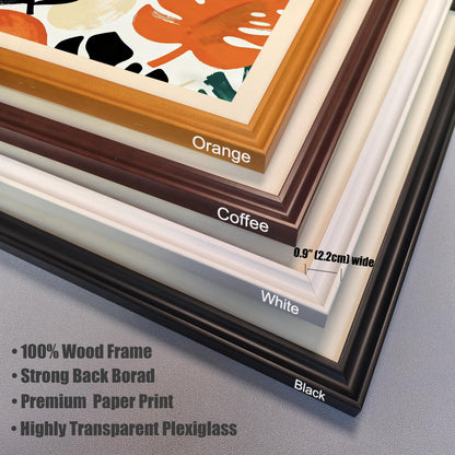 Close-up stacked image showing the four available frame colors: Orange, Coffee (dark brown), White, and Black. Text highlights the frame features: 100% Wood Frame, Strong Backboard, Premium Paper Print, and Highly Transparent Plexiglass. Frame width is 0.9"" (2.2cm).
