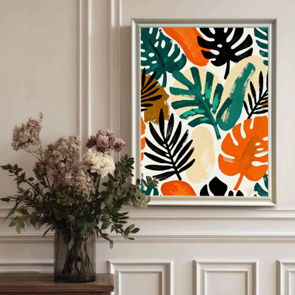 Lifestyle image of the art print in a White Frame hanging on a light beige, paneled wall above a vase with dried flowers.