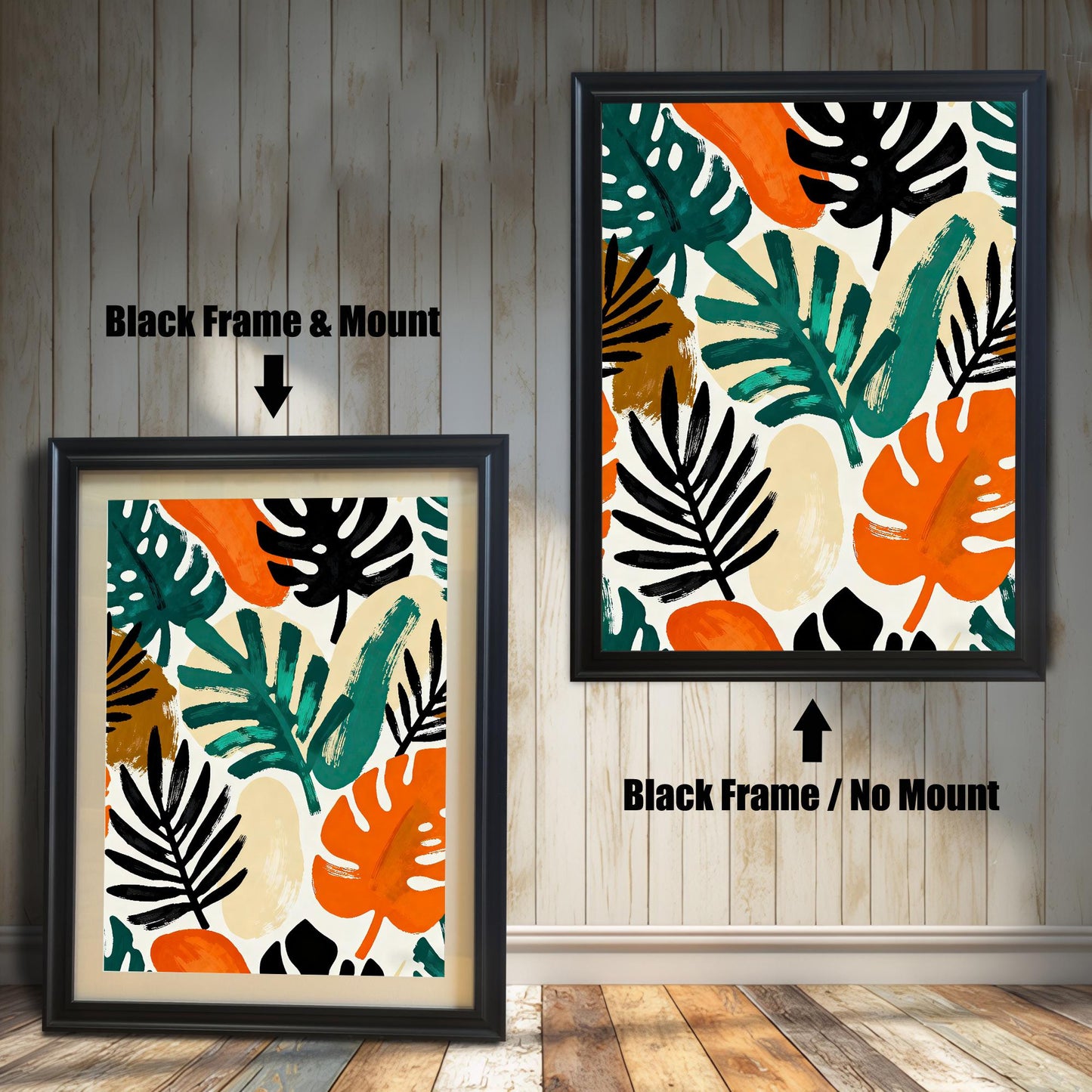 Comparison image of the art print in a Black Frame with and without a Mount (matting). The left image shows the print with a mount, and the right shows it without.