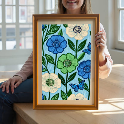 A smiling woman sits by a window, holding an Orange framed art print that features the blue and green floral pattern artwork.