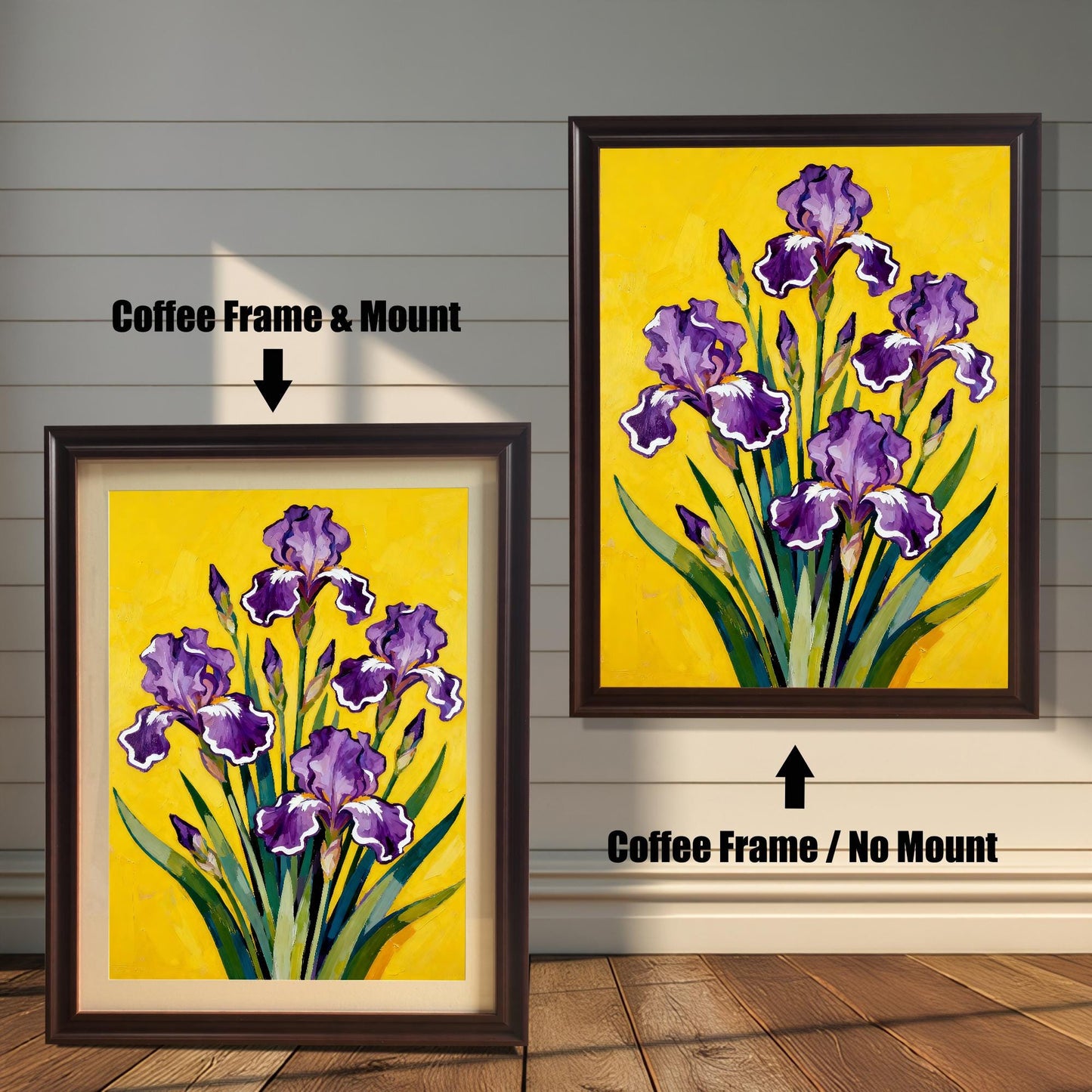 Comparison image showing a dark brown Coffee framed art print with a light-colored mount (mat) on the left, and a Coffee framed art print without a mount on the right. Both prints feature a vibrant painting of purple Irises on a bright yellow background.