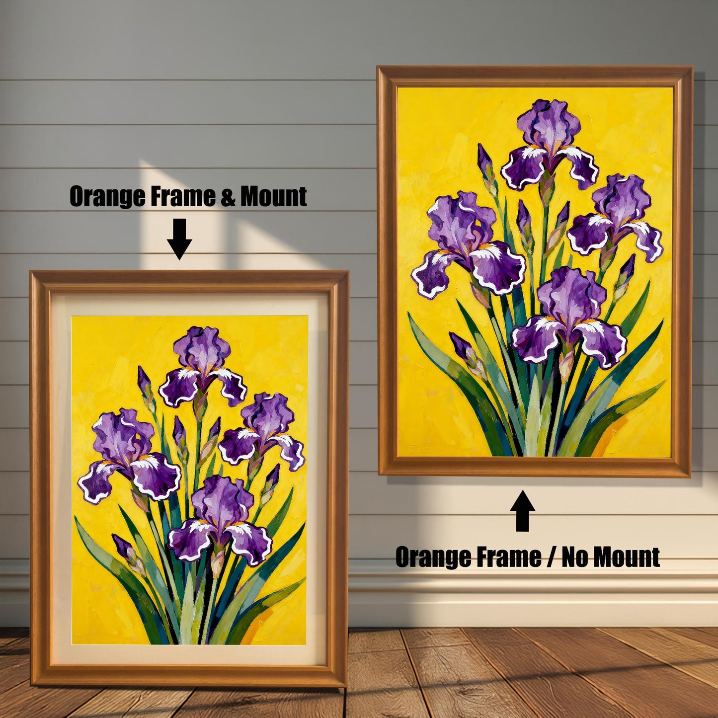Comparison image showing a golden-brown Orange framed art print with a light-colored mount (mat) on the left, and an Orange framed art print without a mount on the right. Both prints feature a vibrant painting of purple Irises on a bright yellow background.