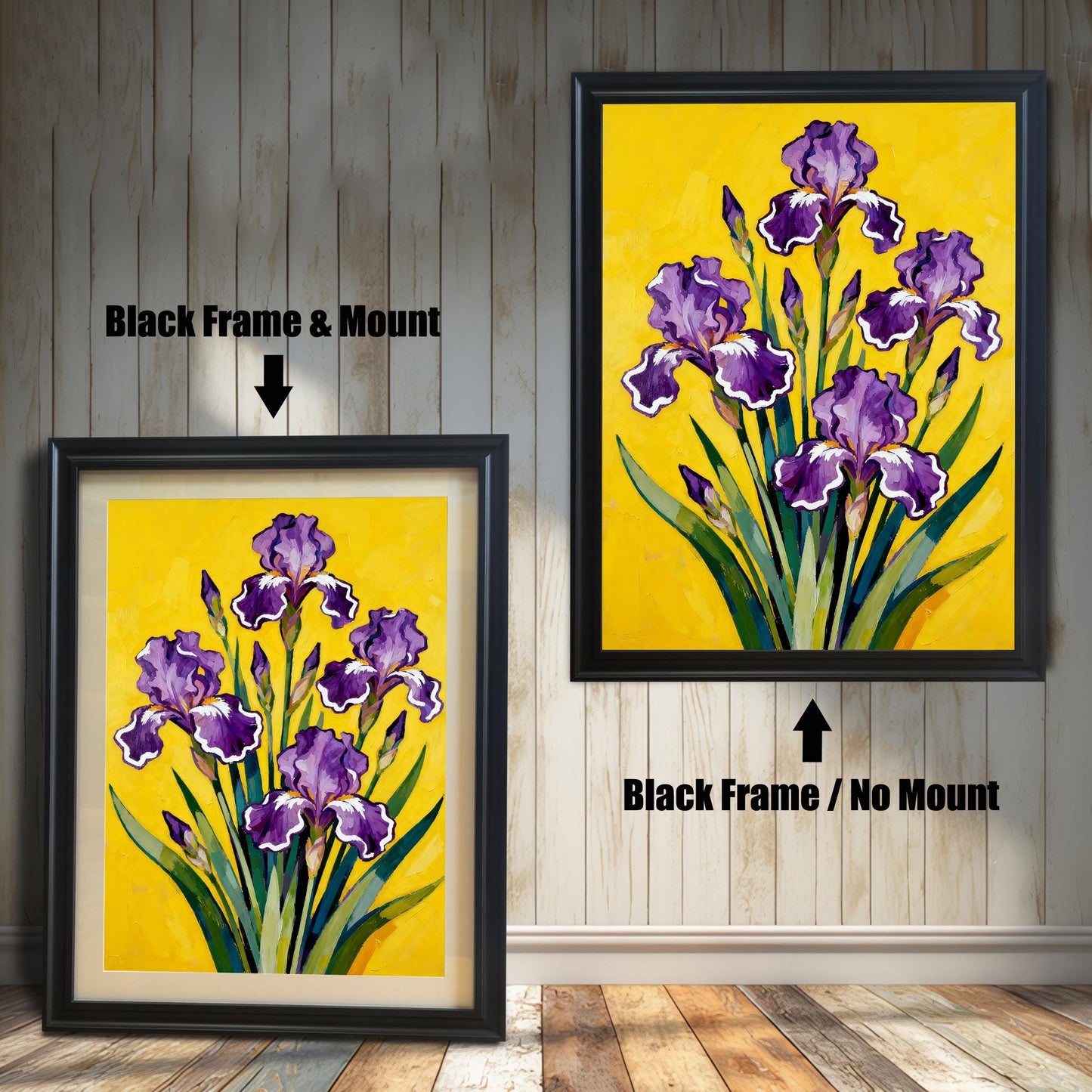 Comparison image showing a Black framed art print with a light-colored mount (mat) on the left, and a Black framed art print without a mount on the right. Both prints feature a vibrant painting of purple Irises on a bright yellow background.