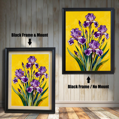 Comparison image showing a Black framed art print with a light-colored mount (mat) on the left, and a Black framed art print without a mount on the right. Both prints feature a vibrant painting of purple Irises on a bright yellow background.
