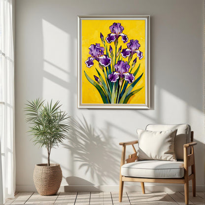 A large White framed art print featuring a vibrant painting of purple Irises on a bright yellow background, hanging on a white wall in a sunlit room above a light wood chair and next to a potted plant in a woven basket.