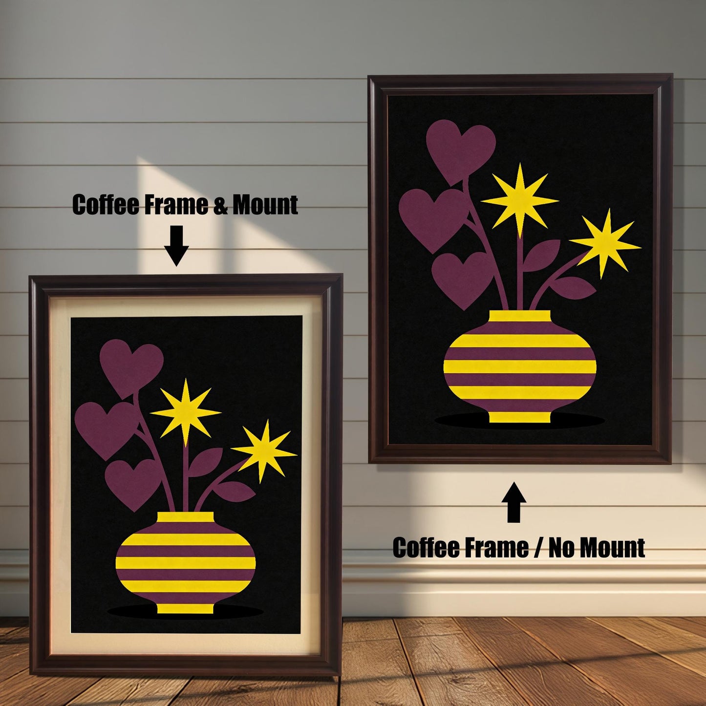 Comparison image showing a dark brown Coffee framed art print with a light-colored mount (mat) on the left, and a Coffee framed art print without a mount on the right. Both prints feature a purple and yellow striped vase with purple heart-shaped leaves and yellow star flowers on a black background.