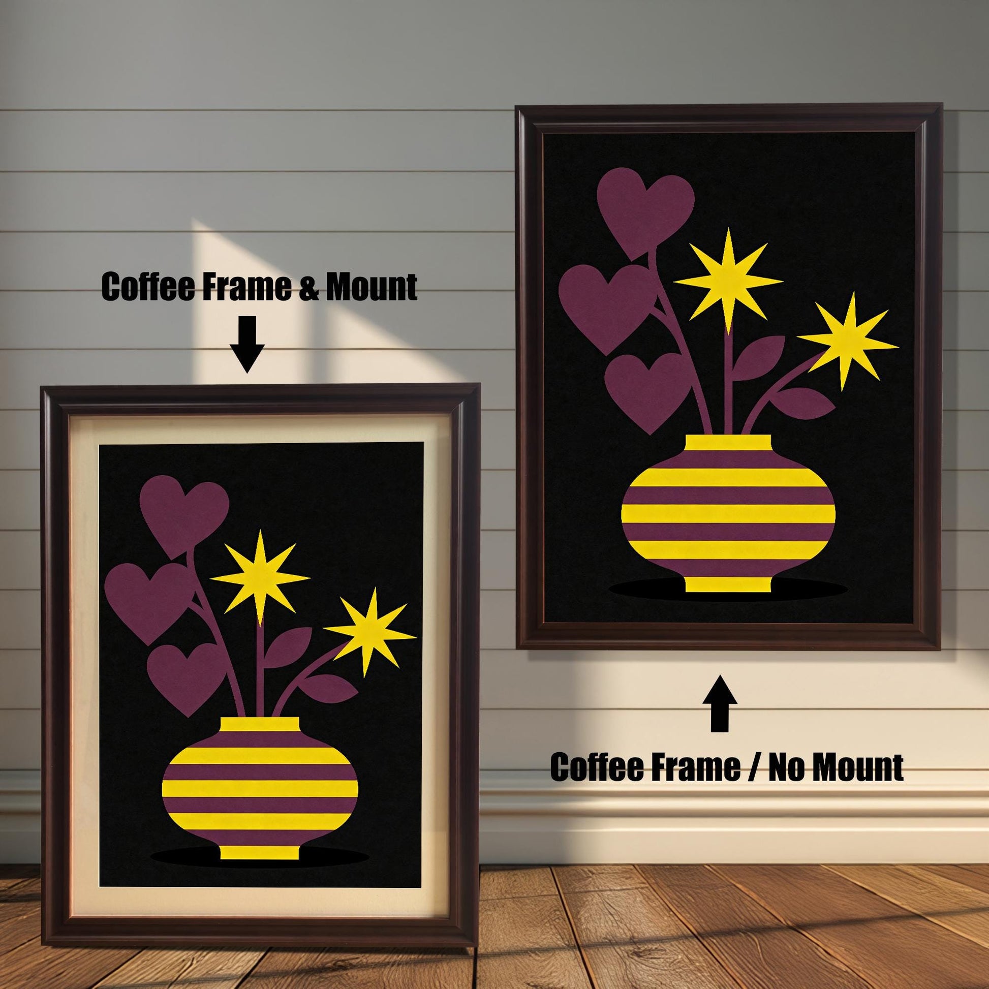 Comparison image showing a dark brown Coffee framed art print with a light-colored mount (mat) on the left, and a Coffee framed art print without a mount on the right. Both prints feature a purple and yellow striped vase with purple heart-shaped leaves and yellow star flowers on a black background.