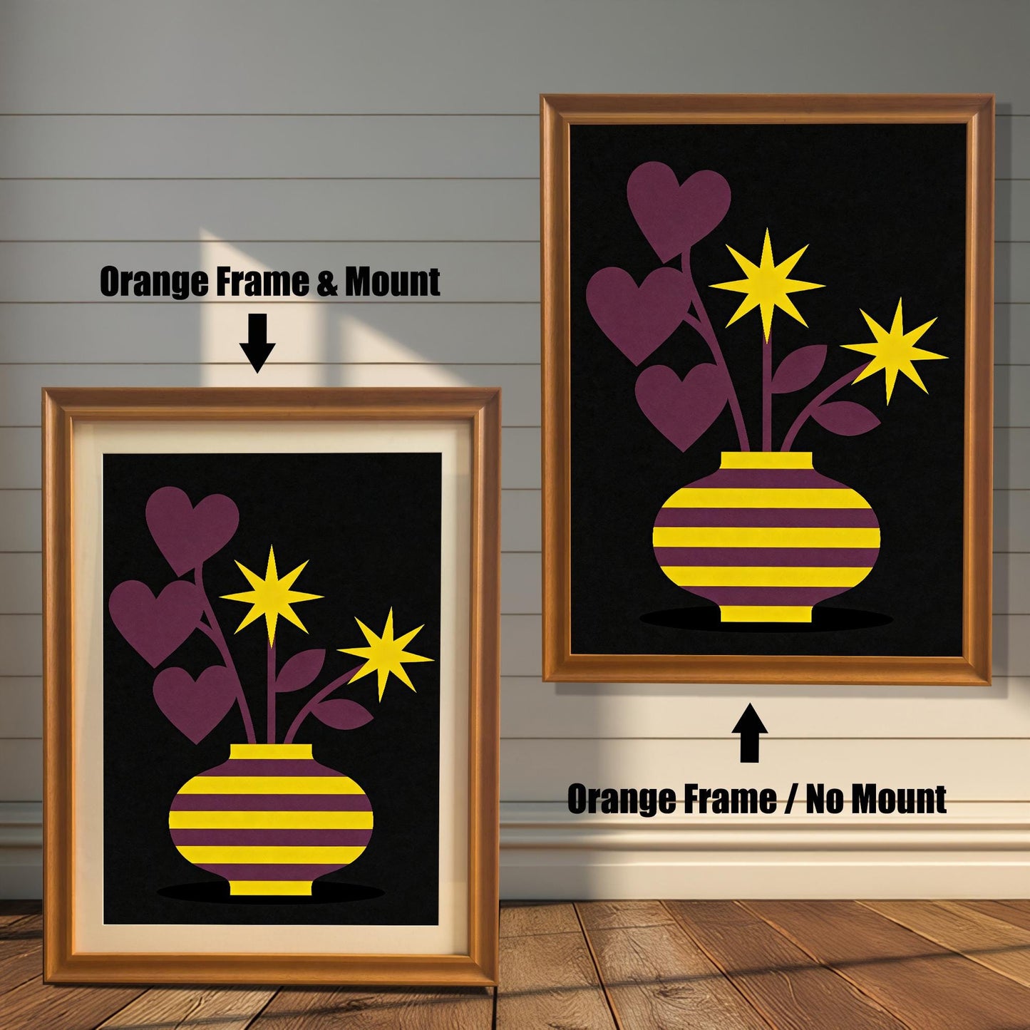 Comparison image showing a golden-brown Orange framed art print with a light-colored mount (mat) on the left, and an Orange framed art print without a mount on the right. Both prints feature a purple and yellow striped vase with purple heart-shaped leaves and yellow star flowers on a black background.