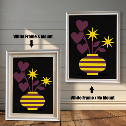 Comparison image showing a White framed art print with a light-colored mount (mat) on the left, and a White framed art print without a mount on the right. Both prints feature a purple and yellow striped vase with purple heart-shaped leaves and yellow star flowers on a black background.