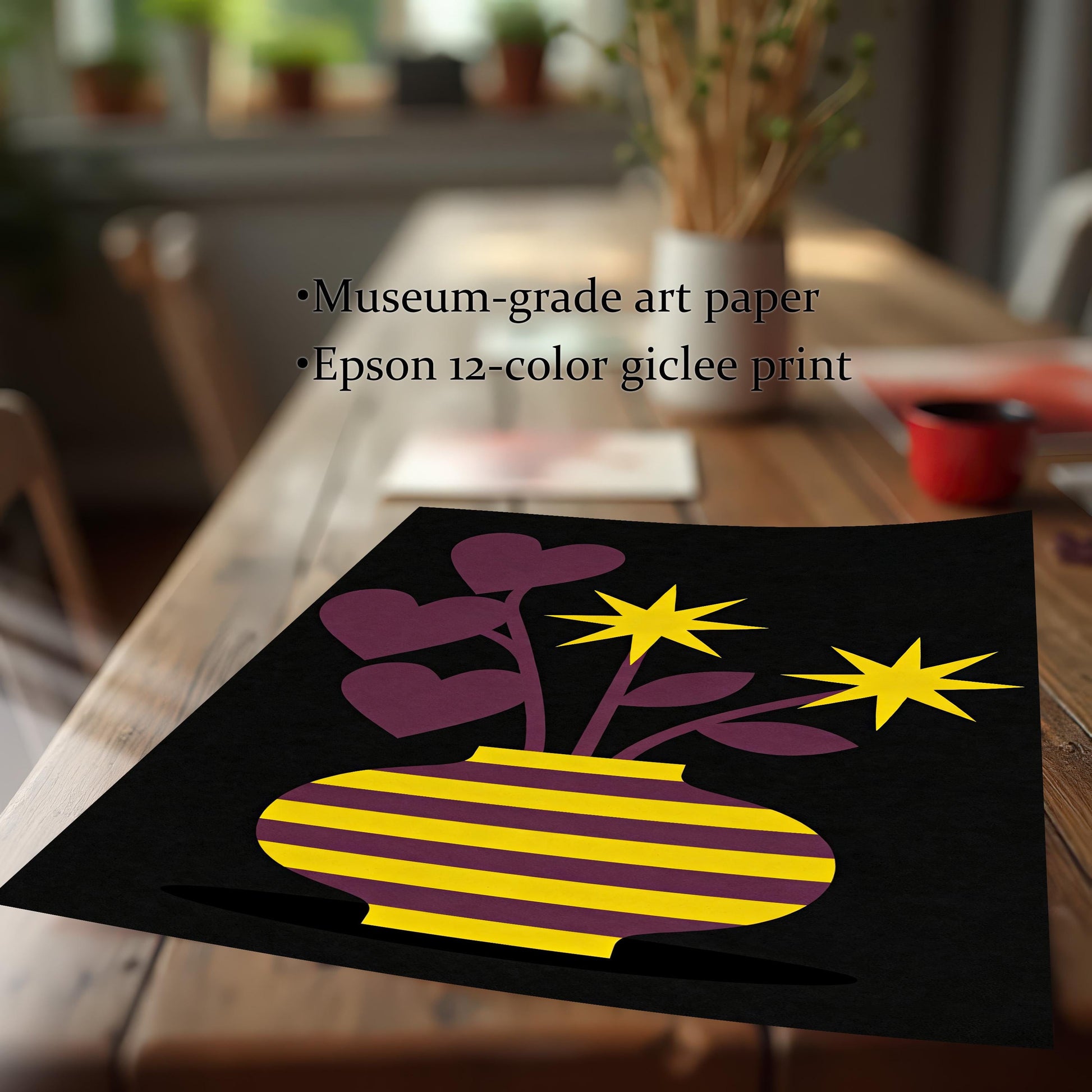 Close-up of an unframed, loose print featuring the striped vase with heart/star flowers, resting on a wooden table. Text highlights print quality: Museum-grade art paper and Epson 12-color giclee print.