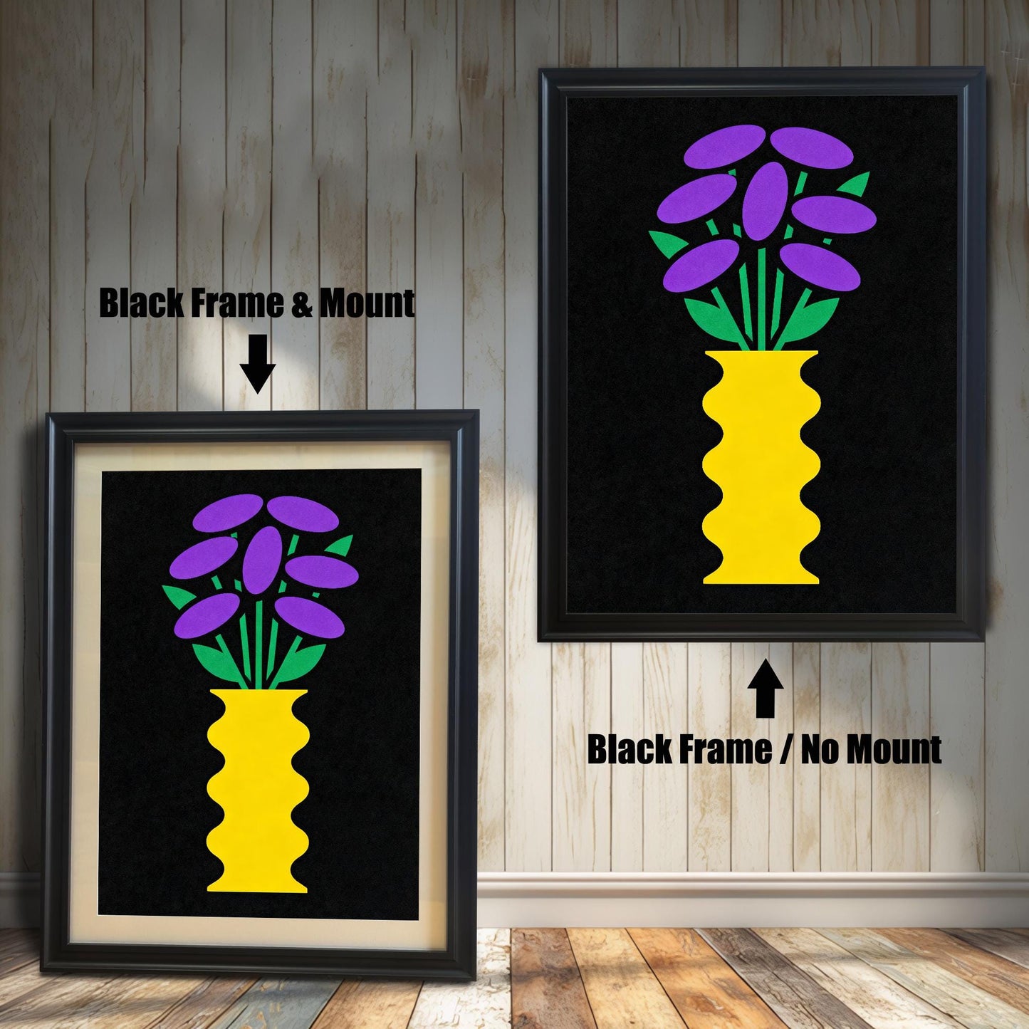 Comparison image showing a black framed art print with a light-colored mount (mat) on the left, and a black framed art print without a mount on the right. Both prints feature a yellow vase with purple and green flowers on black.