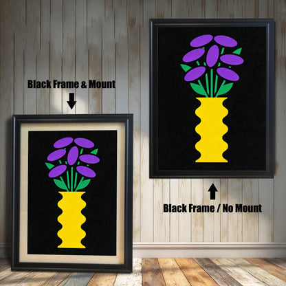 Comparison image showing a black framed art print with a light-colored mount (mat) on the left, and a black framed art print without a mount on the right. Both prints feature a yellow vase with purple and green flowers on black.