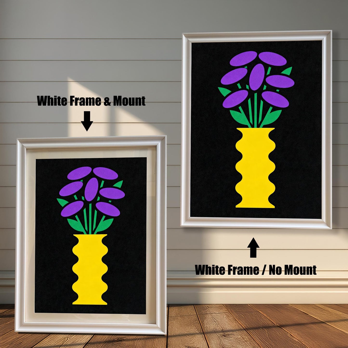 Comparison image showing a White framed art print with a light-colored mount (mat) on the left, and a White framed art print without a mount on the right. Both prints feature a yellow vase with purple and green flowers on black.