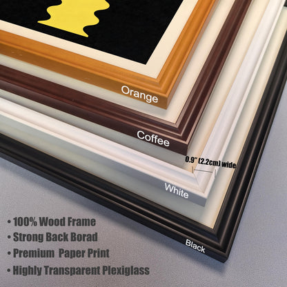 Close-up stacked view of the four available wood frame colors: Orange, Coffee, White, and Black. Text highlights that the frames are 0.9"" (2.2cm) wide and details product features: 100% Wood Frame, Strong Back Board, Premium Paper Print, and Highly Transparent Plexiglass.